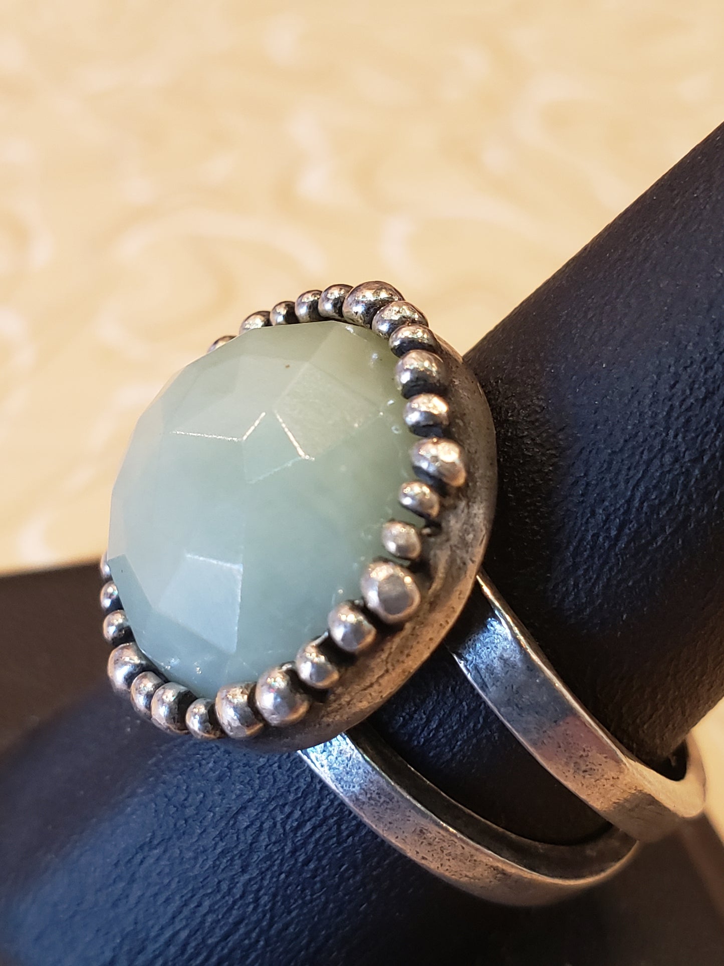 .925 Round seafoam green faceted ring size 9