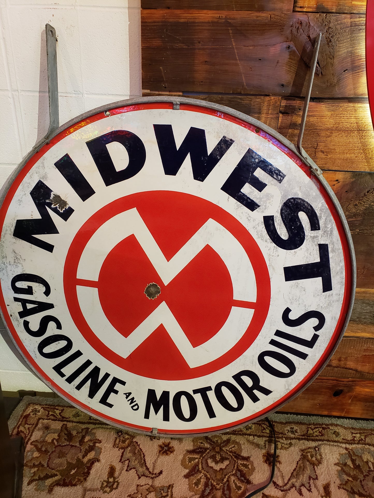 42 inch Midwest Gasoline and Motor Oils Sign in Holder (LOCAL PICKUP ONLY)