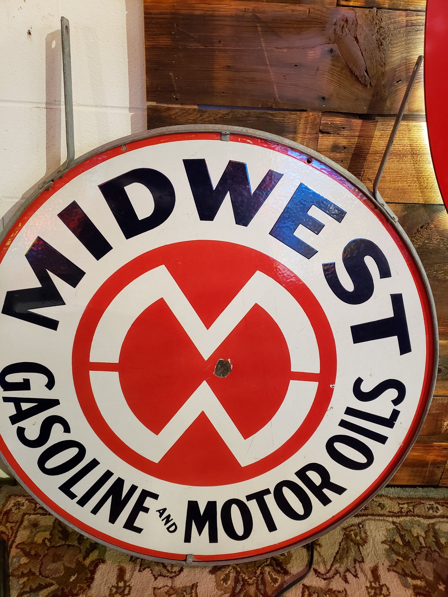 42 inch Midwest Gasoline and Motor Oils Sign in Holder (LOCAL PICKUP ONLY)