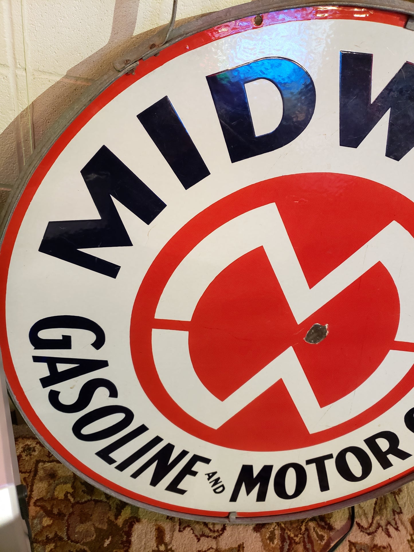 42 inch Midwest Gasoline and Motor Oils Sign in Holder (LOCAL PICKUP ONLY)