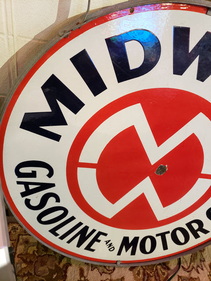 42 inch Midwest Gasoline and Motor Oils Sign in Holder (LOCAL PICKUP ONLY)