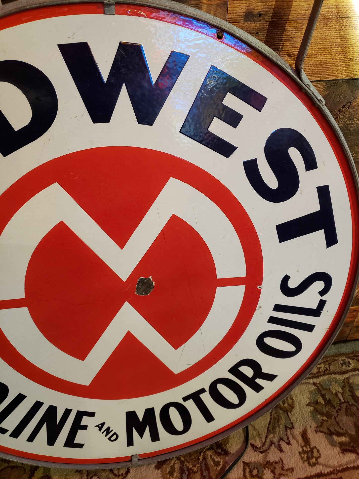 42 inch Midwest Gasoline and Motor Oils Sign in Holder (LOCAL PICKUP ONLY)