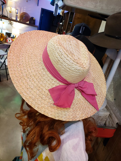 Wide Brim Straw Hat Pink Bow