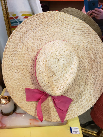 Wide Brim Straw Hat Pink Bow