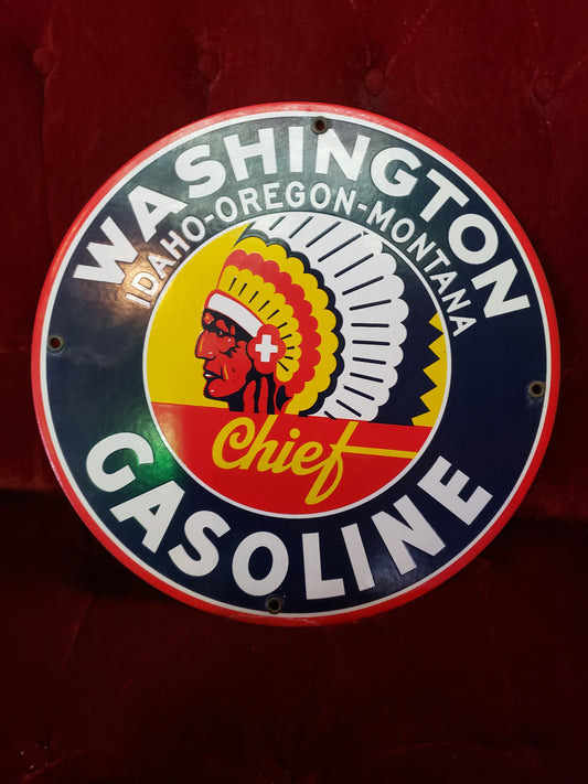 Washington Chief Gasoline porcelain repop gas pump sign