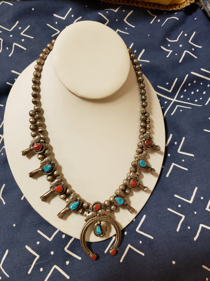 Sterling, Turquoise & Coral Squash Blossom Necklace