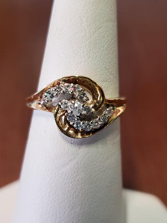 14K Yellow Gold ring with Swirl of Diamonds