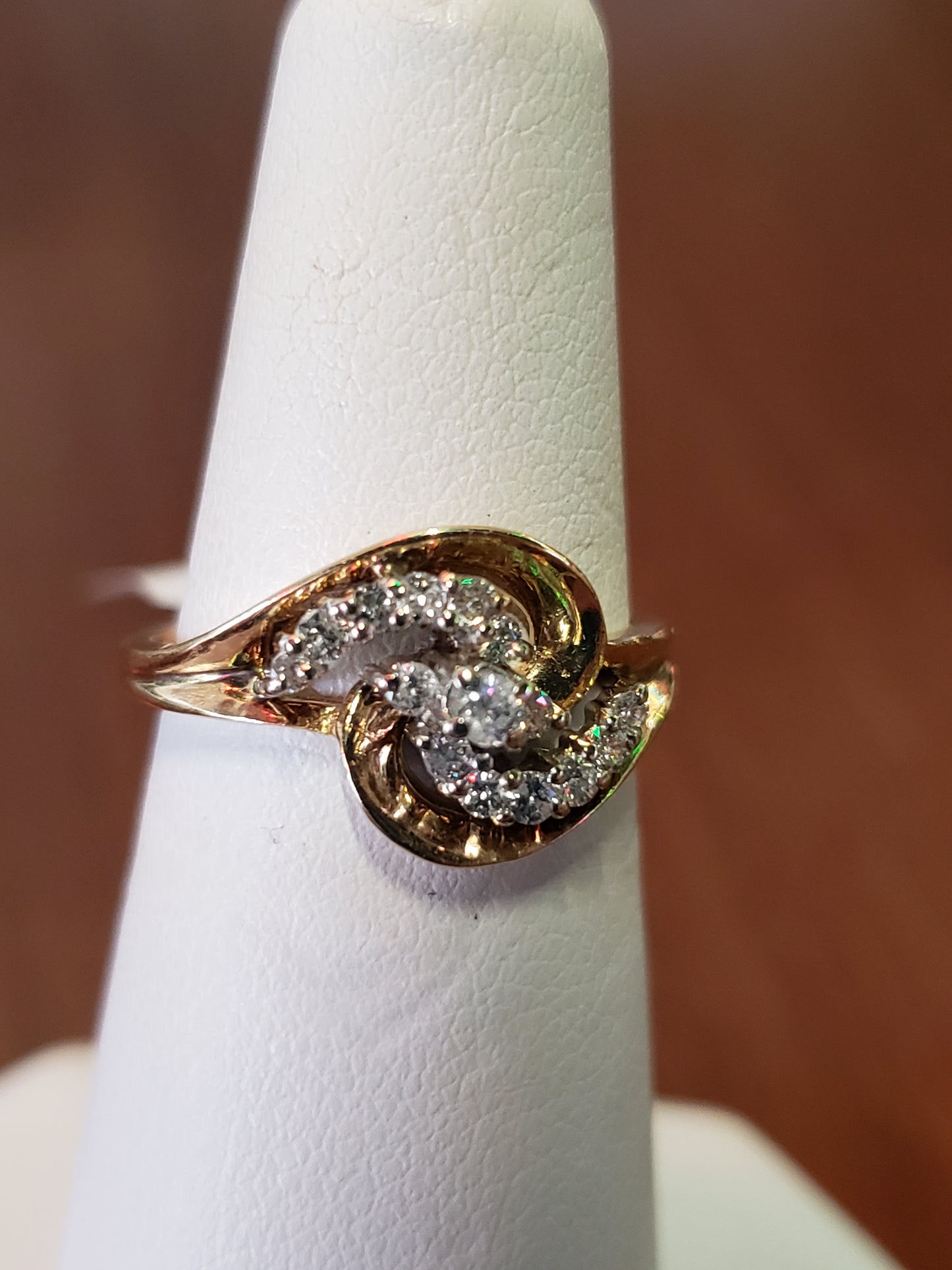 14K Yellow Gold ring with Swirl of Diamonds