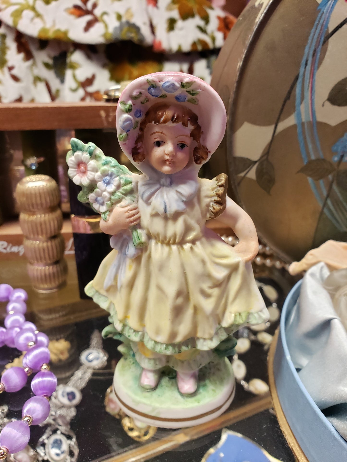 Pink Bonnet Girl with Flowers bisque figurine