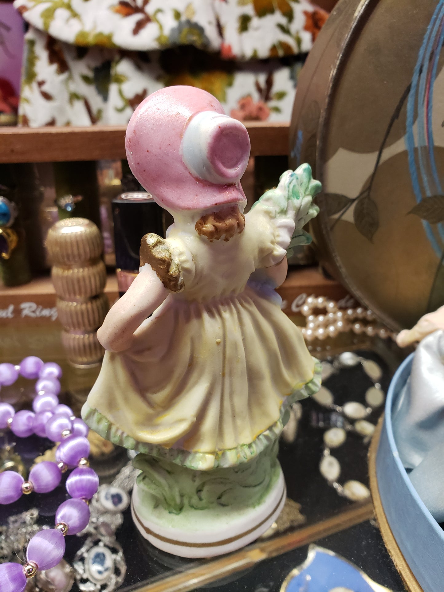 Pink Bonnet Girl with Flowers bisque figurine