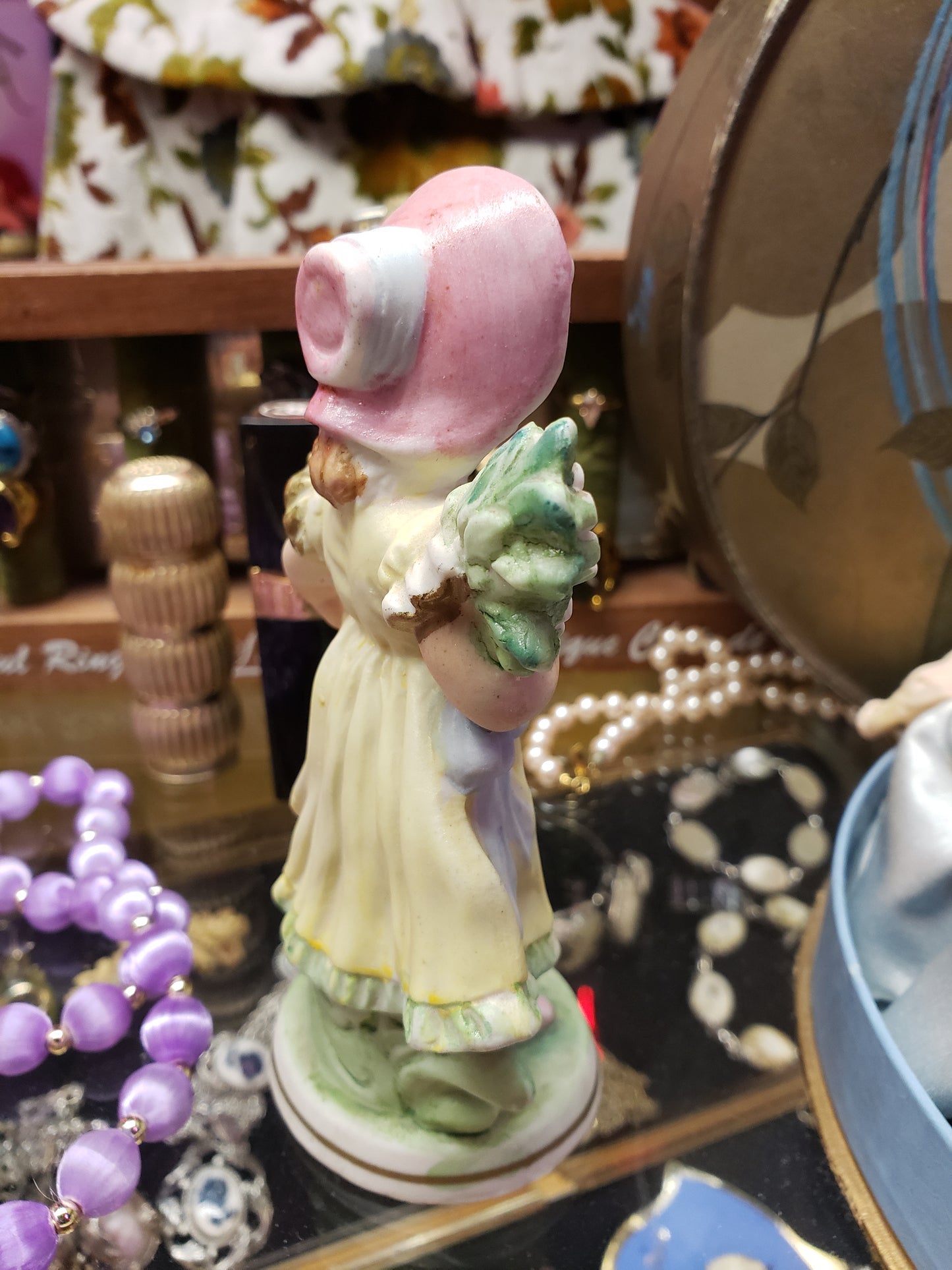 Pink Bonnet Girl with Flowers bisque figurine