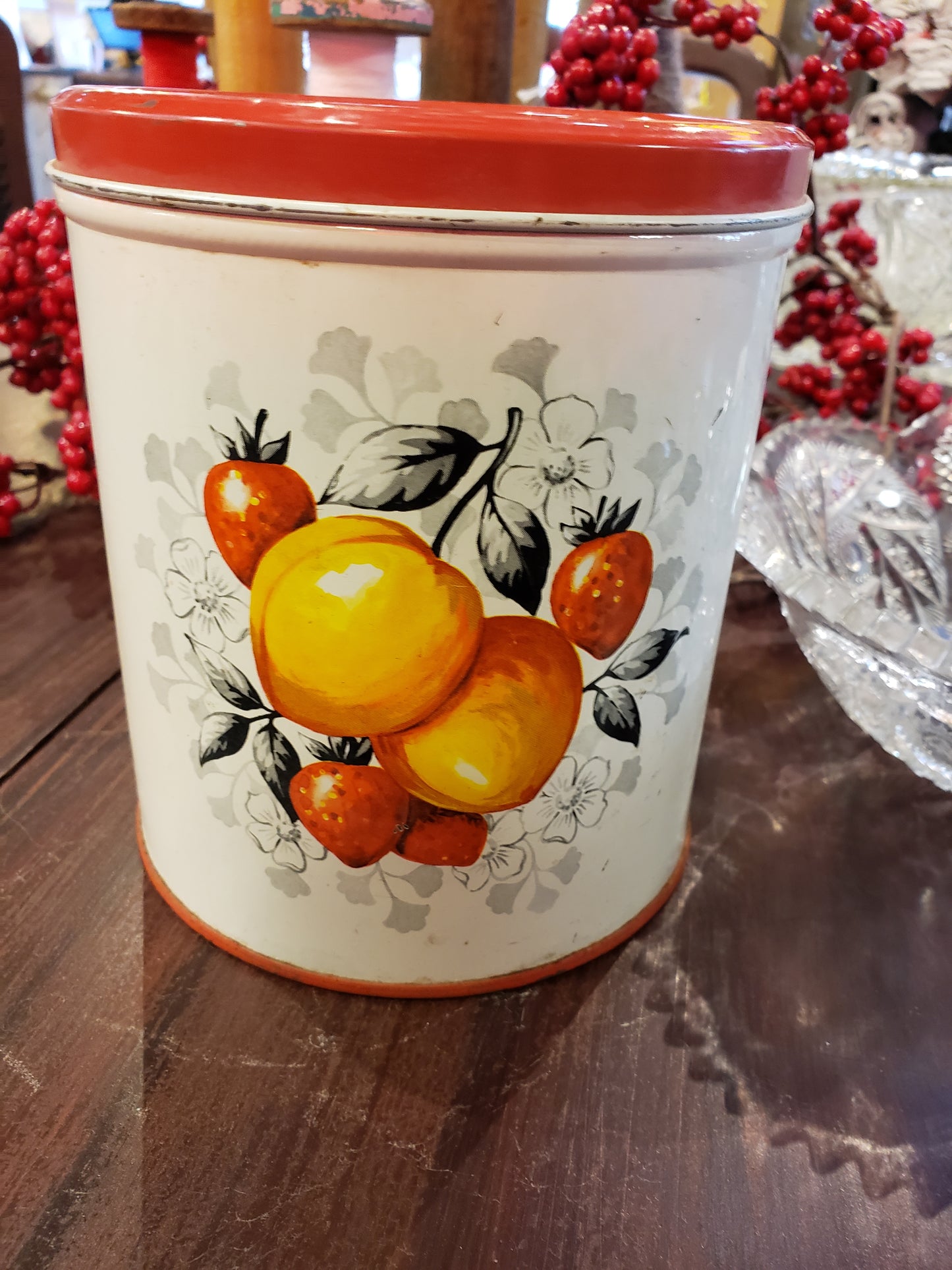 Antique Canister with Fruit Graphics