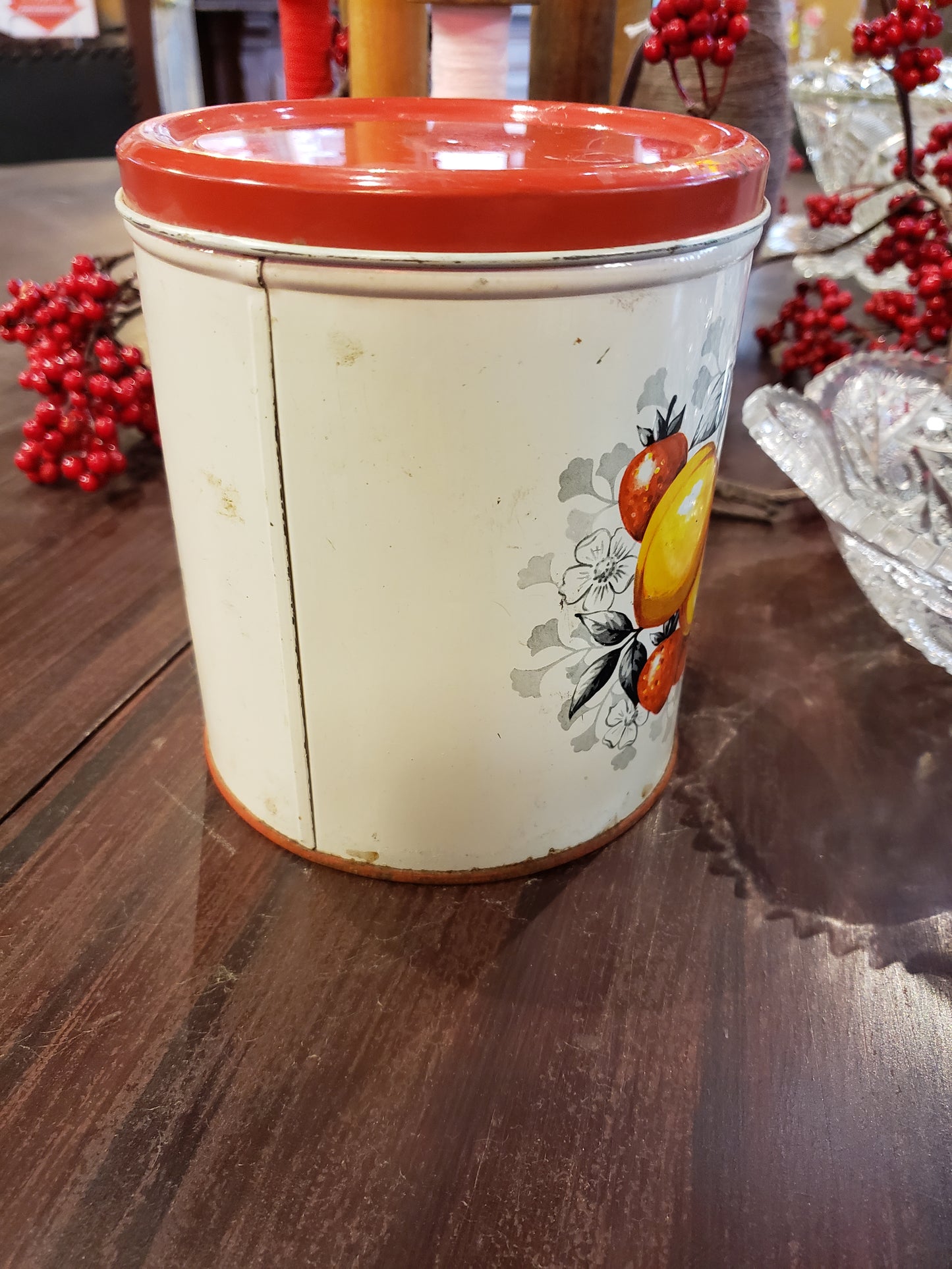 Antique Canister with Fruit Graphics