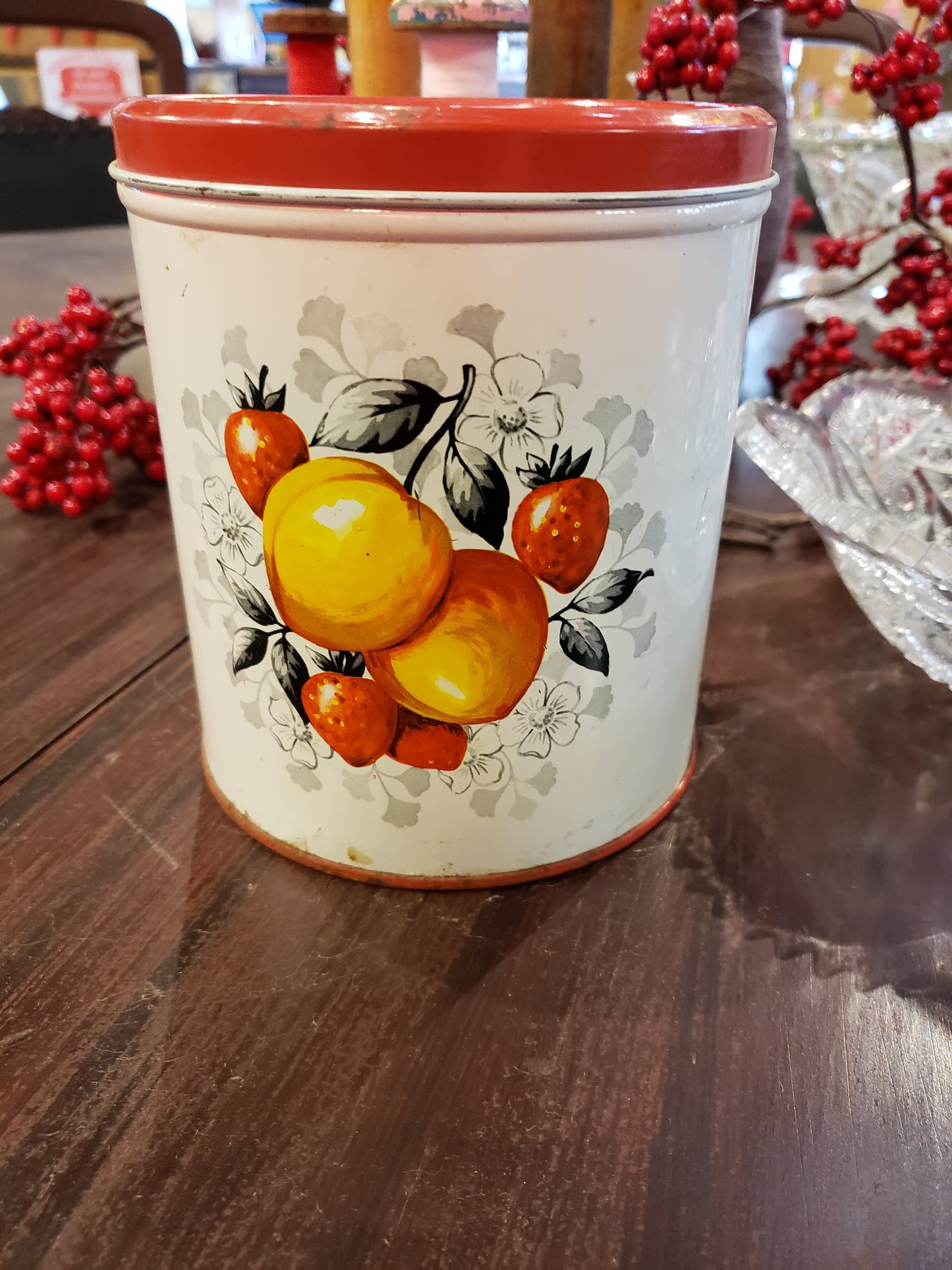 Antique Canister with Fruit Graphics