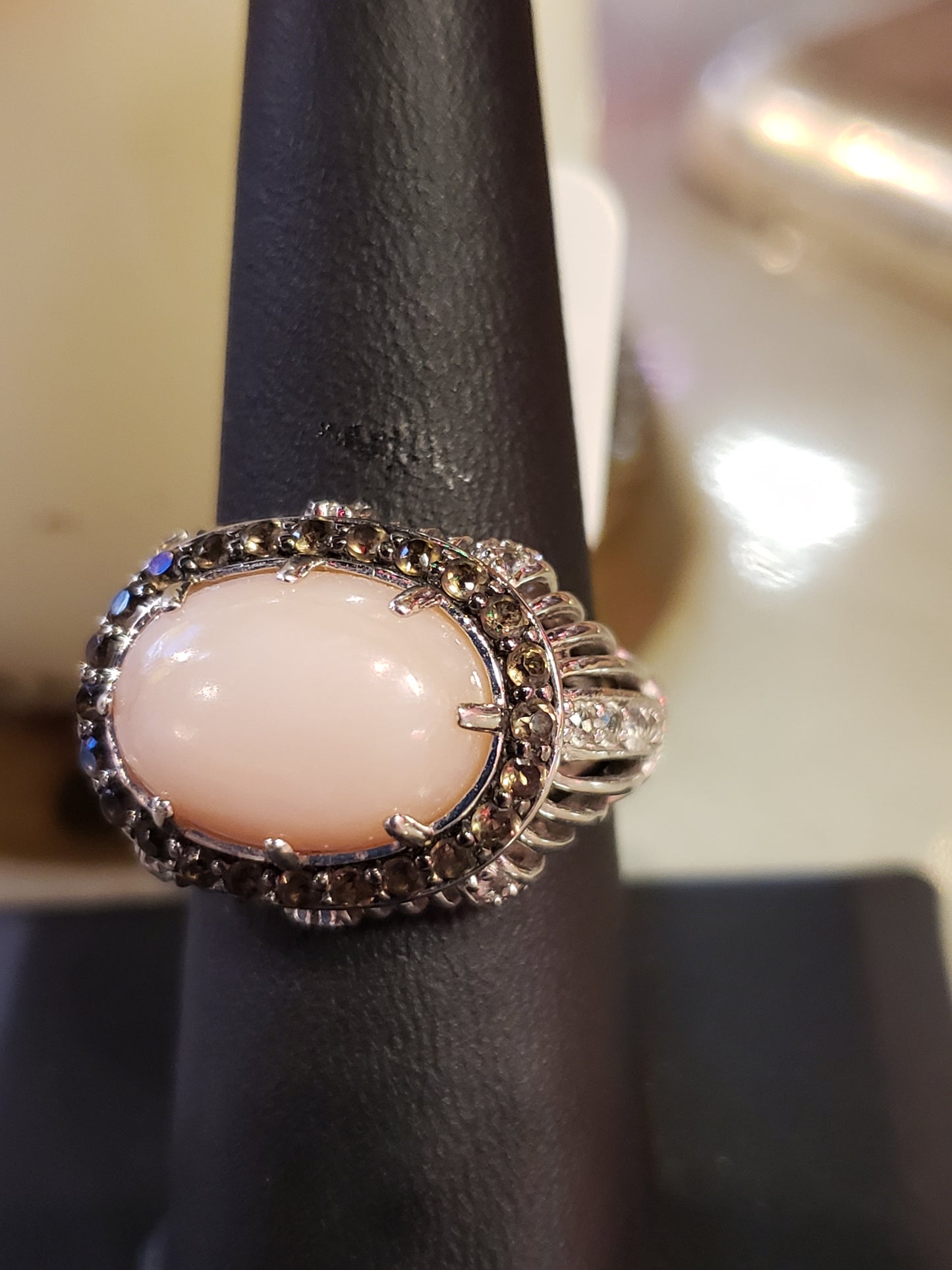 .925 Pink Coral ring with faceted brown and clear stones SIZE 7.5