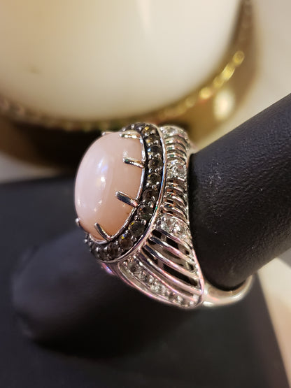 .925 Pink Coral ring with faceted brown and clear stones SIZE 7.5