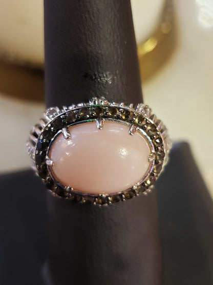 .925 Pink Coral ring with faceted brown and clear stones SIZE 7.5