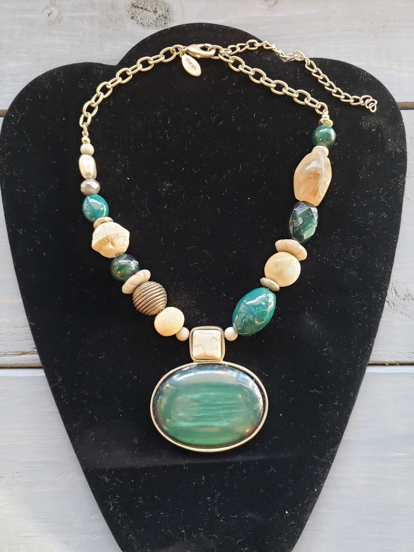 Chico's Green and Goldtone bead necklace
