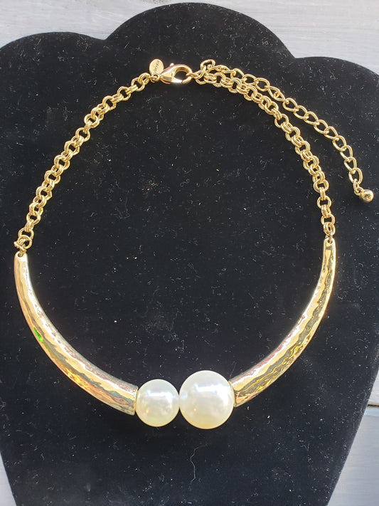 Chico's Statement necklace goldtone with two white beads