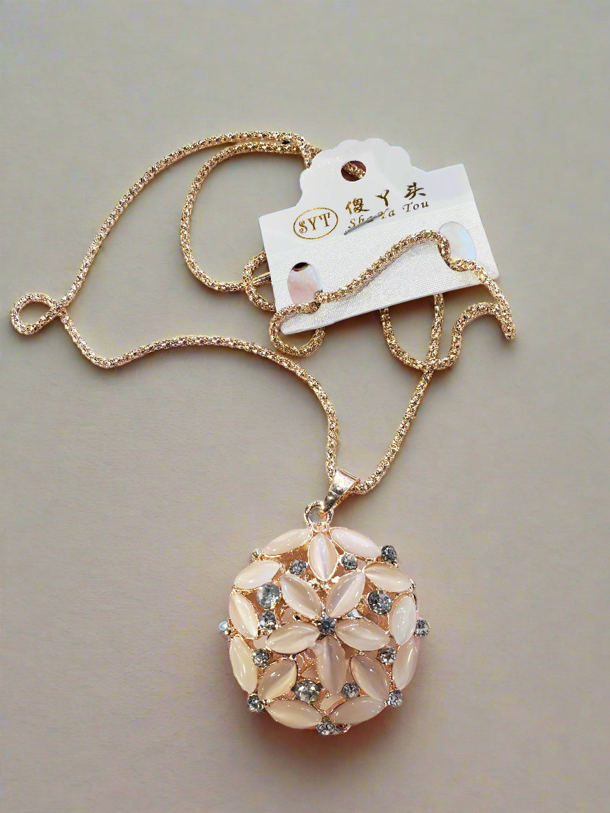 Pink Opal flower necklace 26 inch chain