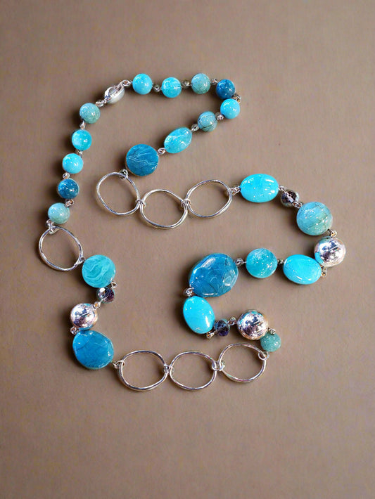 32 inch teal beads statement necklace