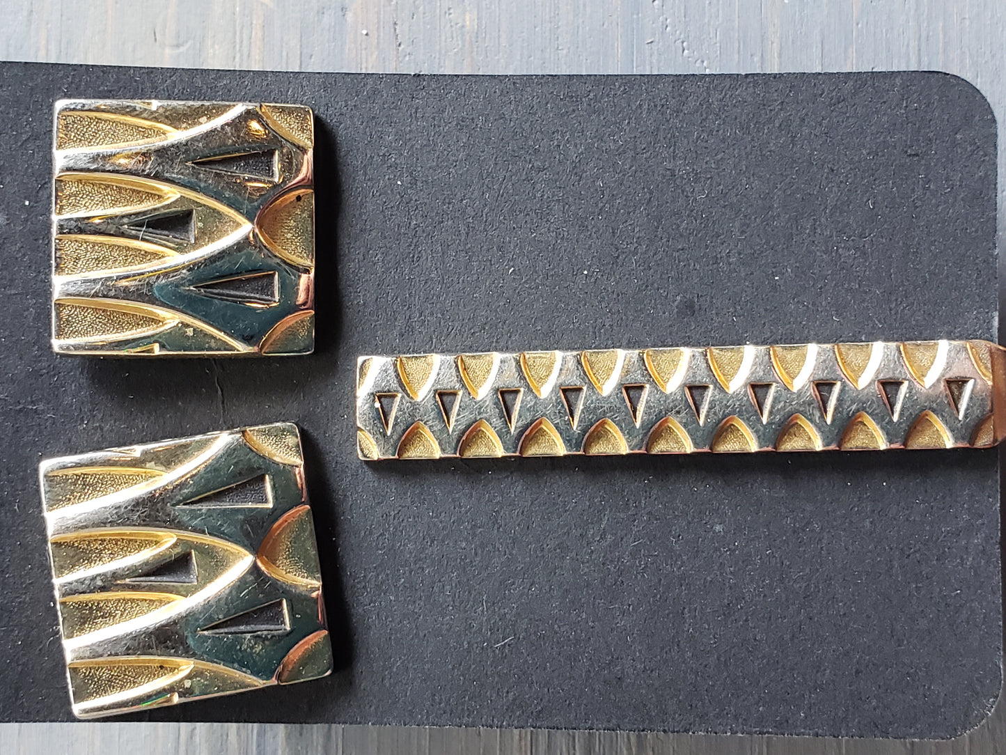 MCM Style brass cuff link tie bar set