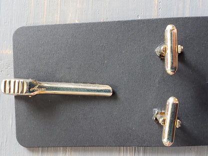MCM Style brass cuff link tie bar set