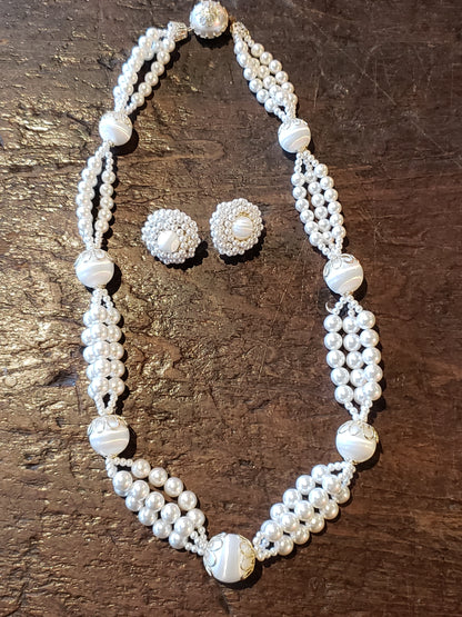 Vintage White Beaded Clip Earrings and Necklace set