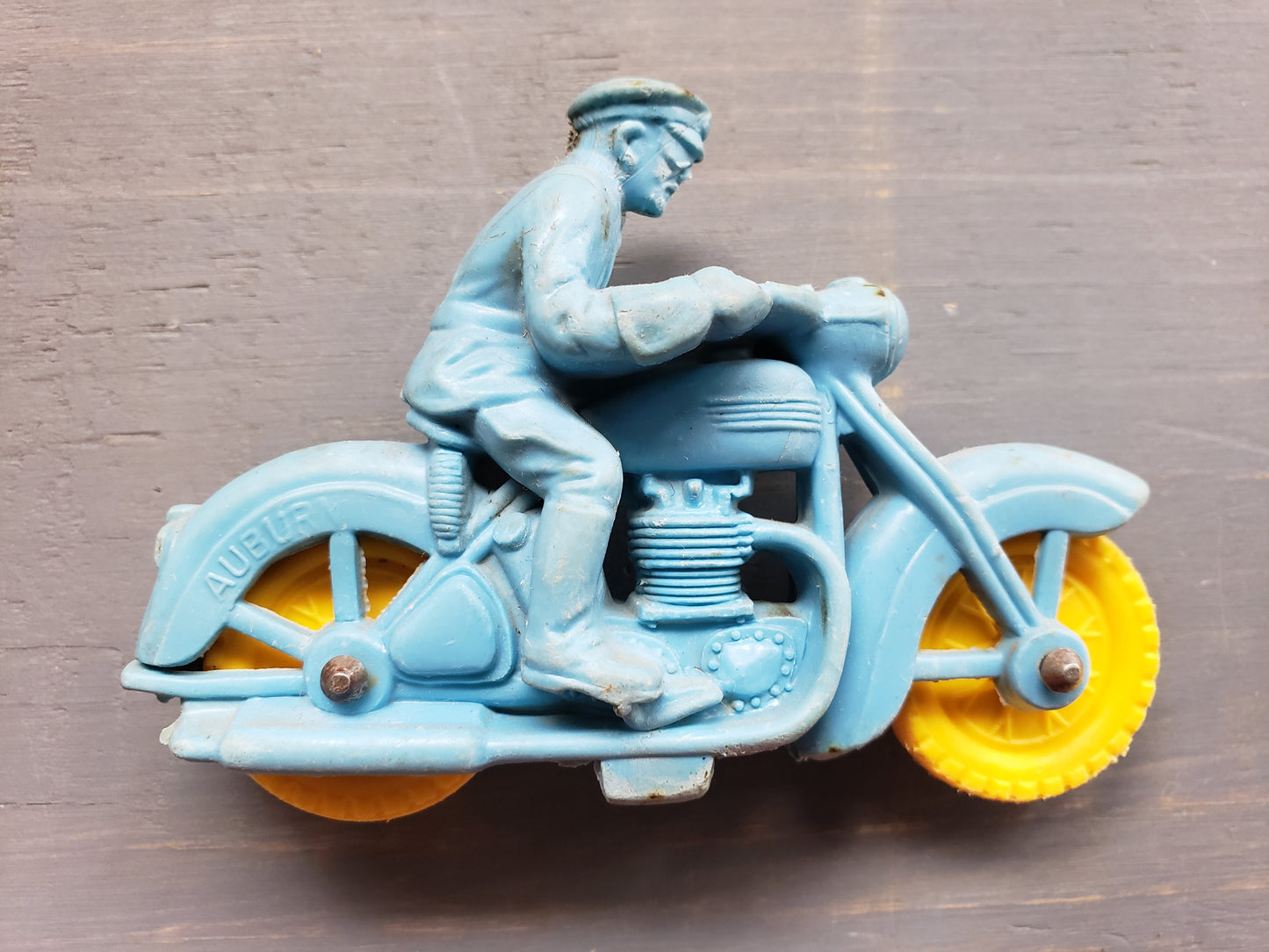 Auburn toy Blue motorcycle with yellow wheels