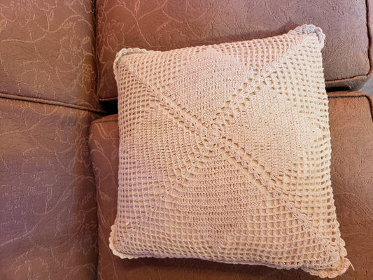 Vintage Muslin Pillow with Crochet Overlay 15" square