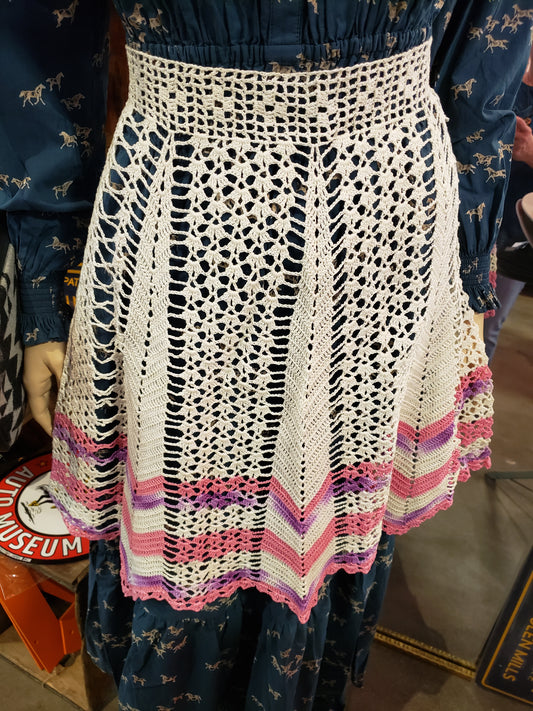 Crochet Vintage Apron in White Pink Purple