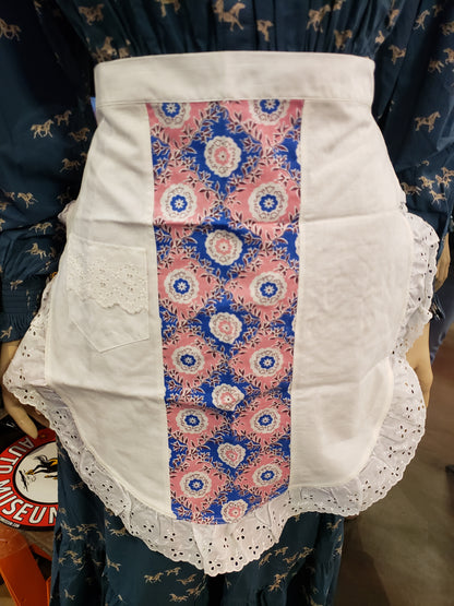 White pink blue vintage apron with eyelet trim