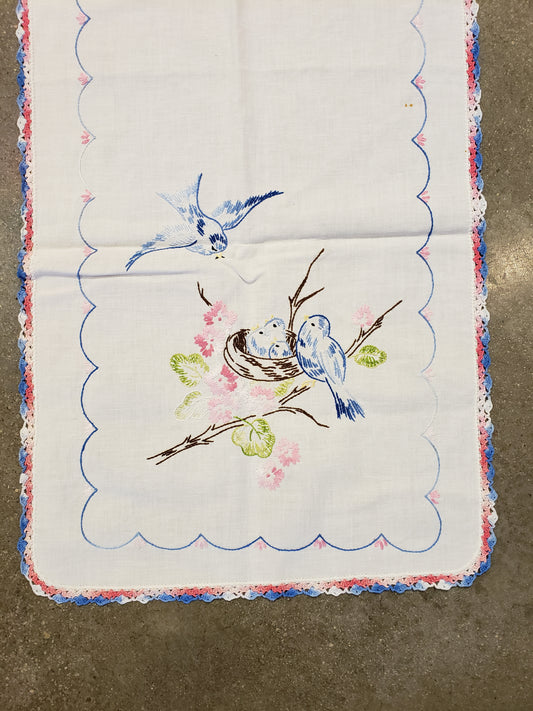 Bluebirds vintage embroidered table runner
