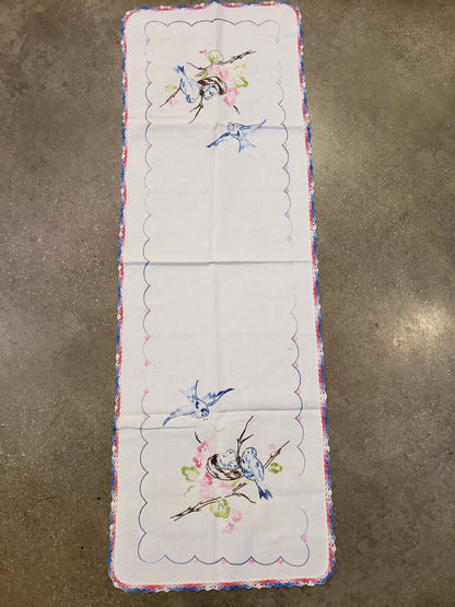 Bluebirds vintage embroidered table runner