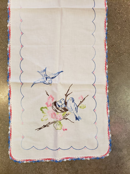 Bluebirds vintage embroidered table runner