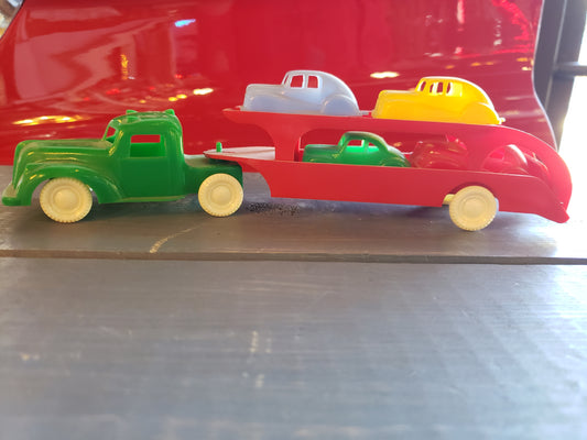 1950's Toy car hauler truck, trailer, 4 cars