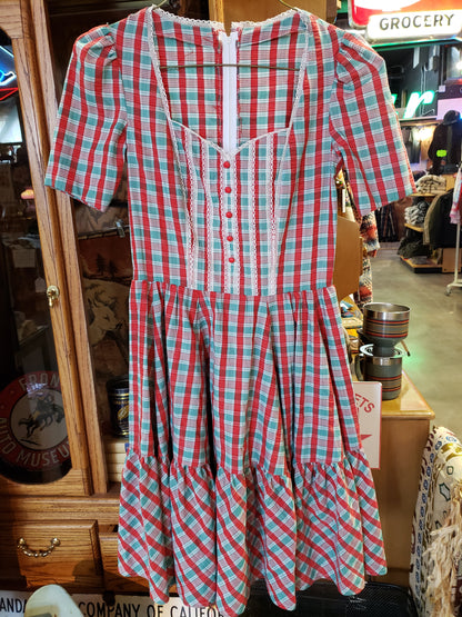 Red Green Plaid Vintage Fit n Flare Dress Size S