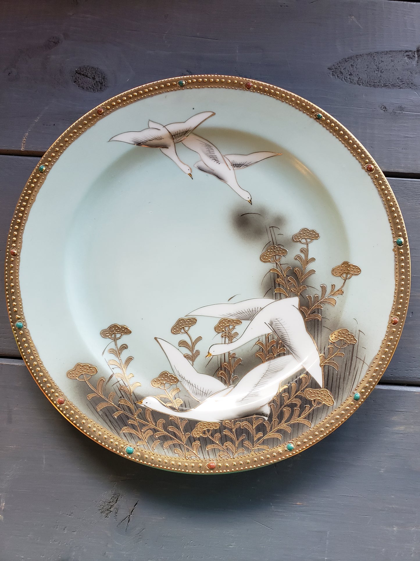 White Geese hand painted Nippon plate Golden jeweled rim