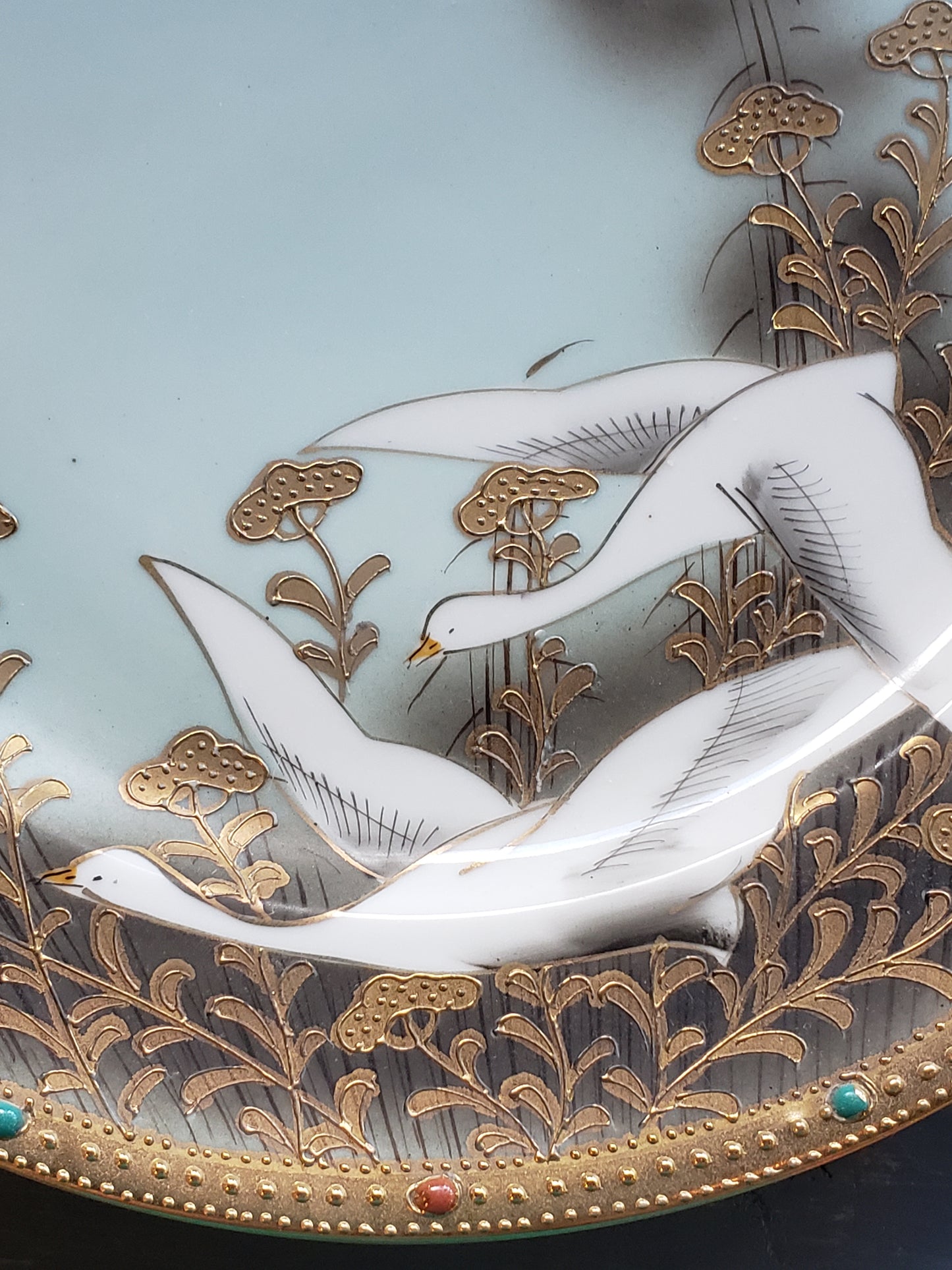 White Geese hand painted Nippon plate Golden jeweled rim