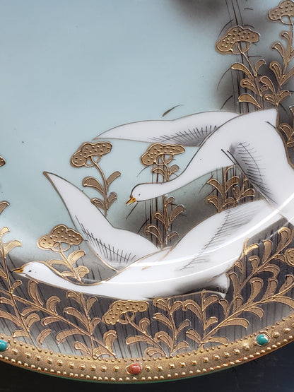 White Geese hand painted Nippon plate Golden jeweled rim