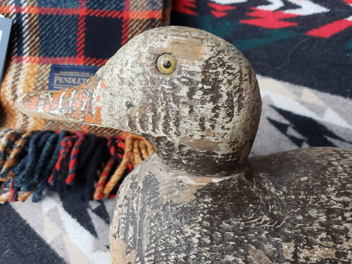1920s hand carved wood duck decoy with glass eye