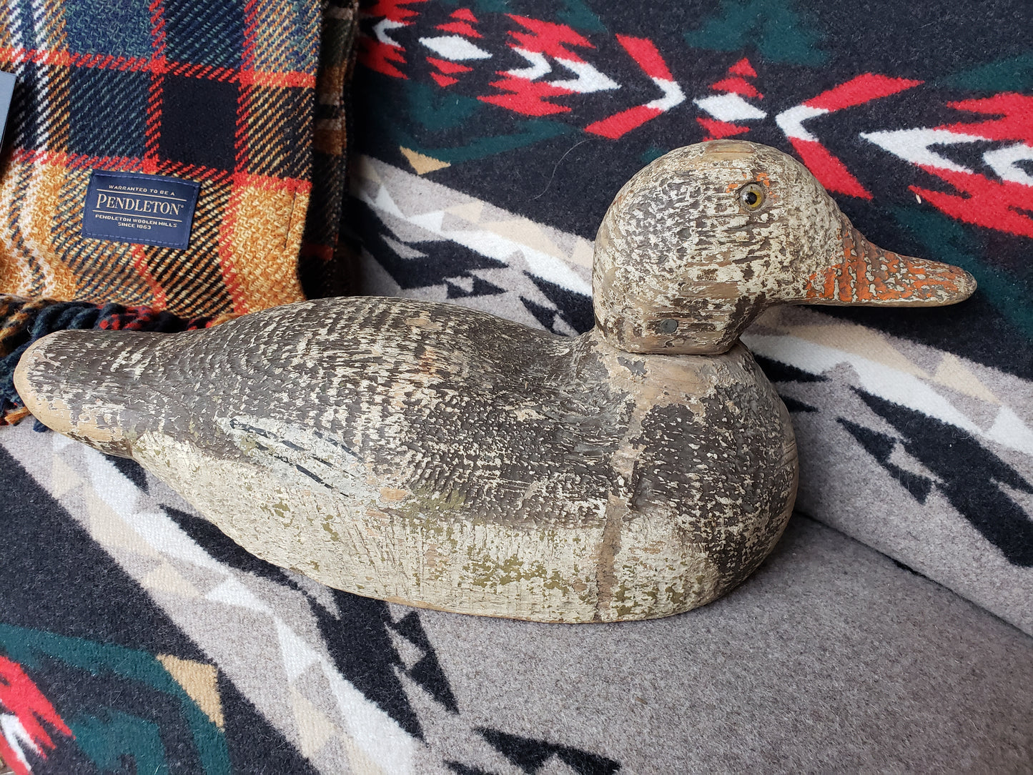 1920s hand carved wood duck decoy with glass eye