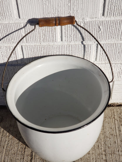 1920's White enamelware chamber pot with handle