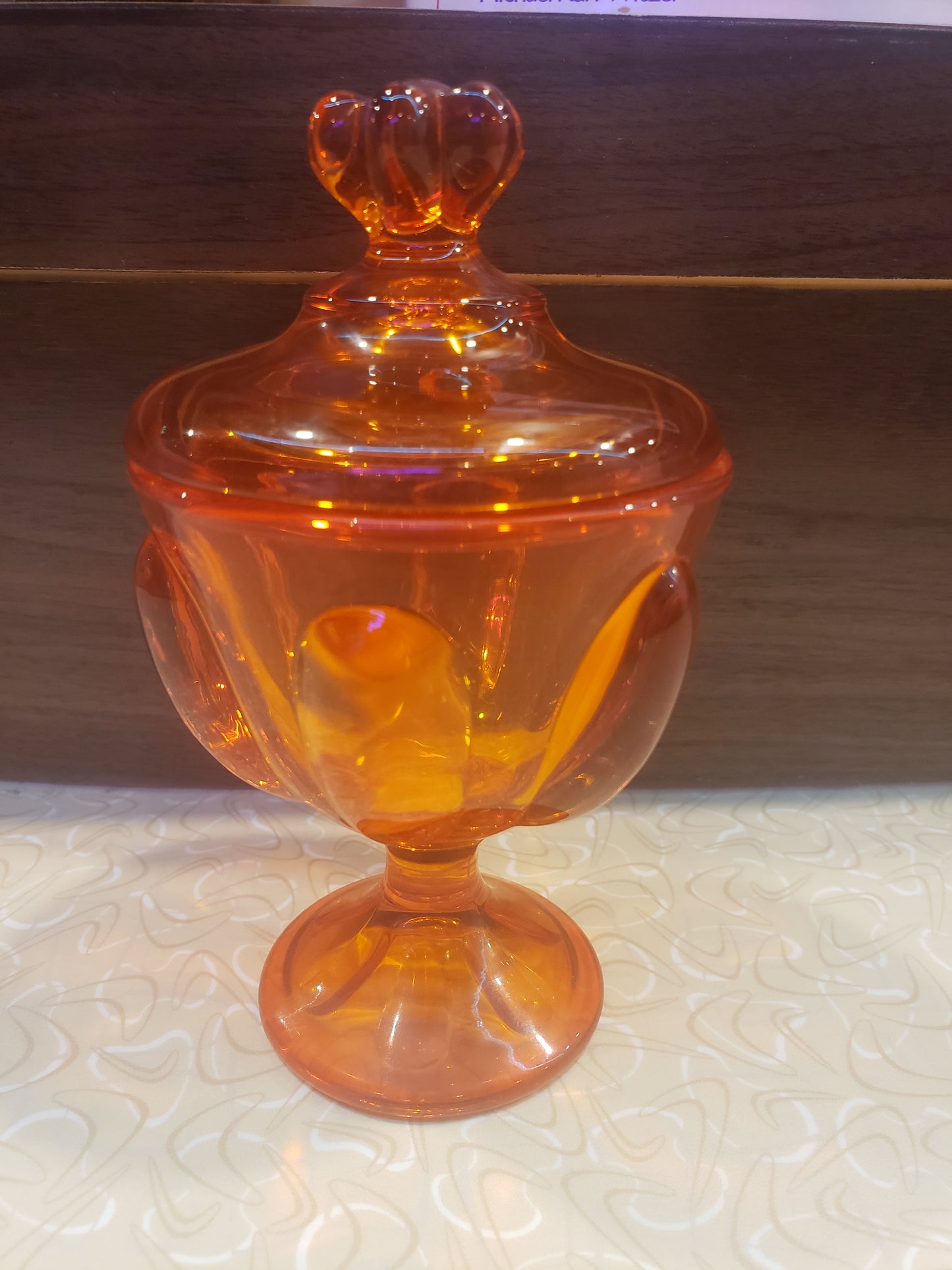 Viking Glass 6 petal Persimmon glass candy dish 5.5" tall