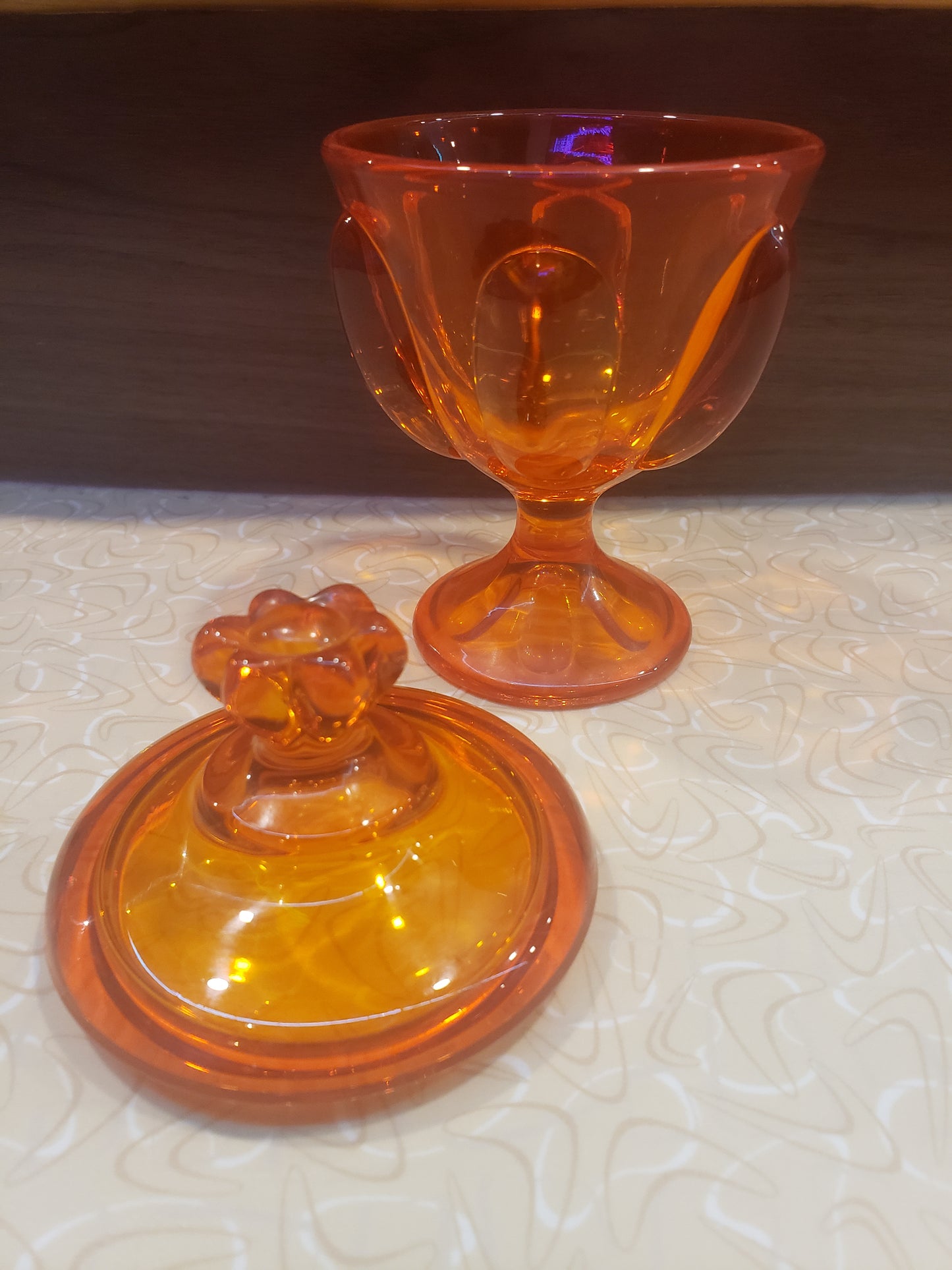 Viking Glass 6 petal Persimmon glass candy dish 5.5" tall