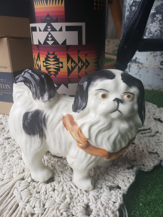 Vintage ceramic Black and White Pekinese dog figurine