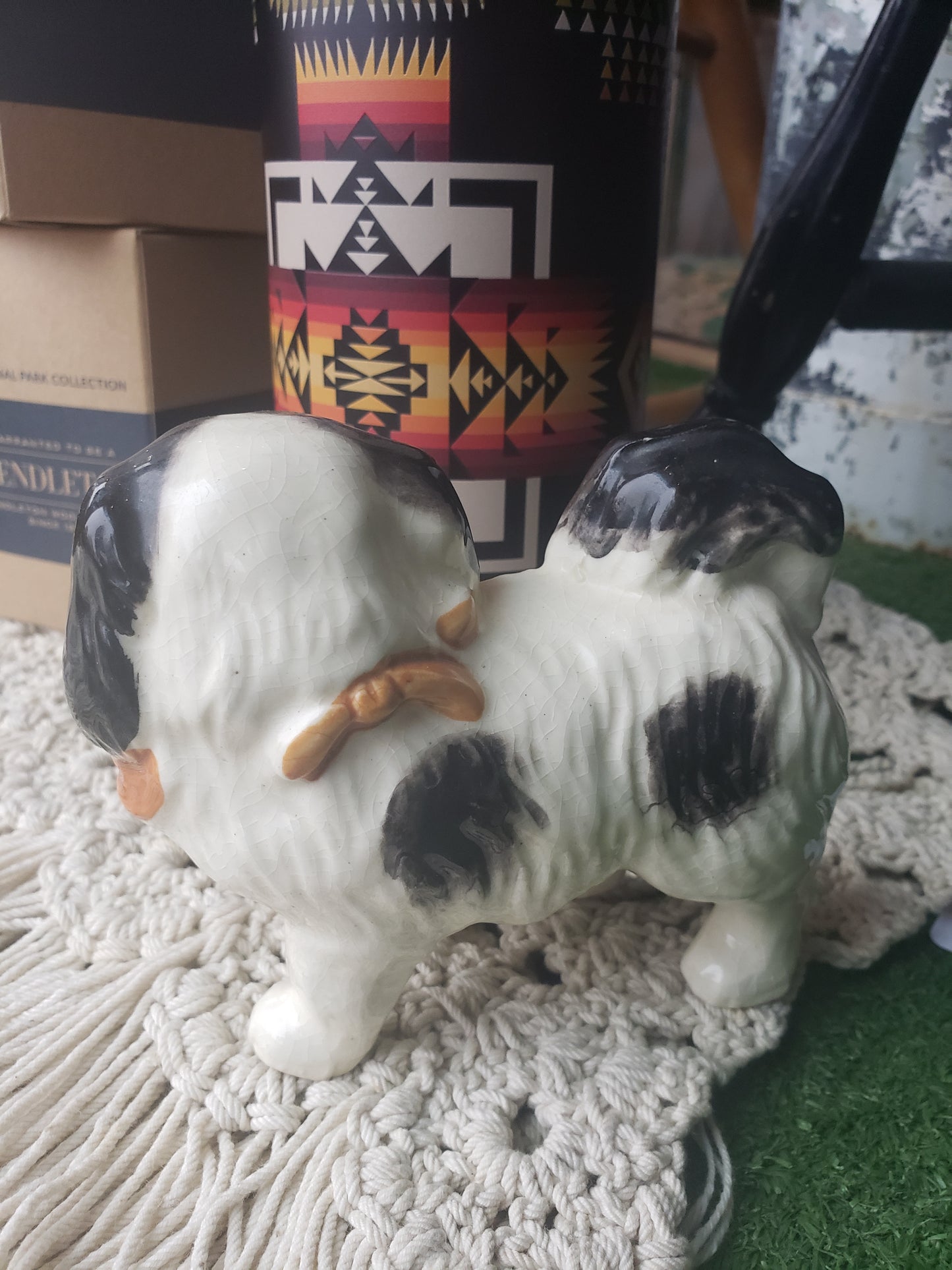 Vintage ceramic Black and White Pekinese dog figurine