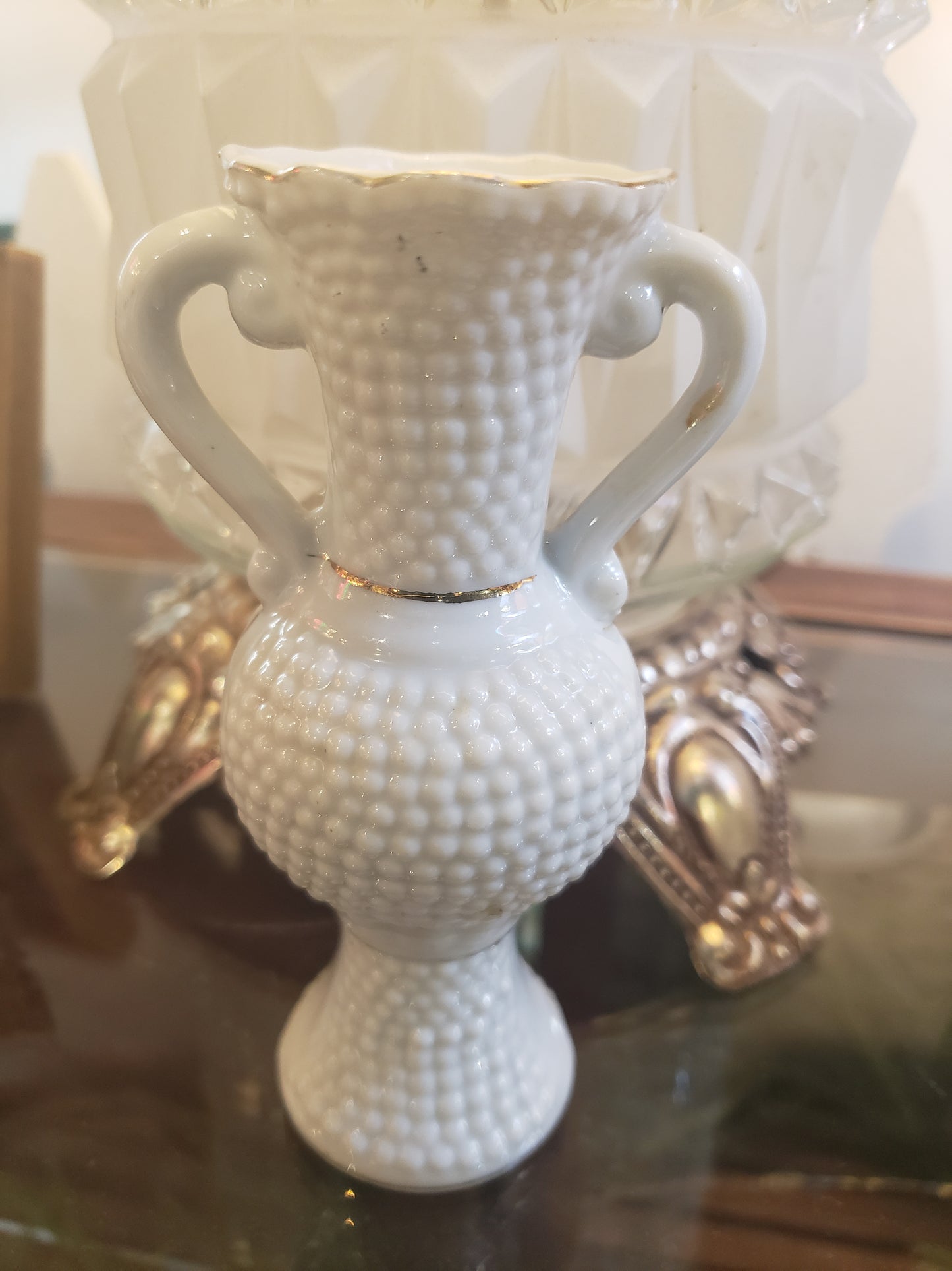1950s Hobnail bud vase with gilded rose accent