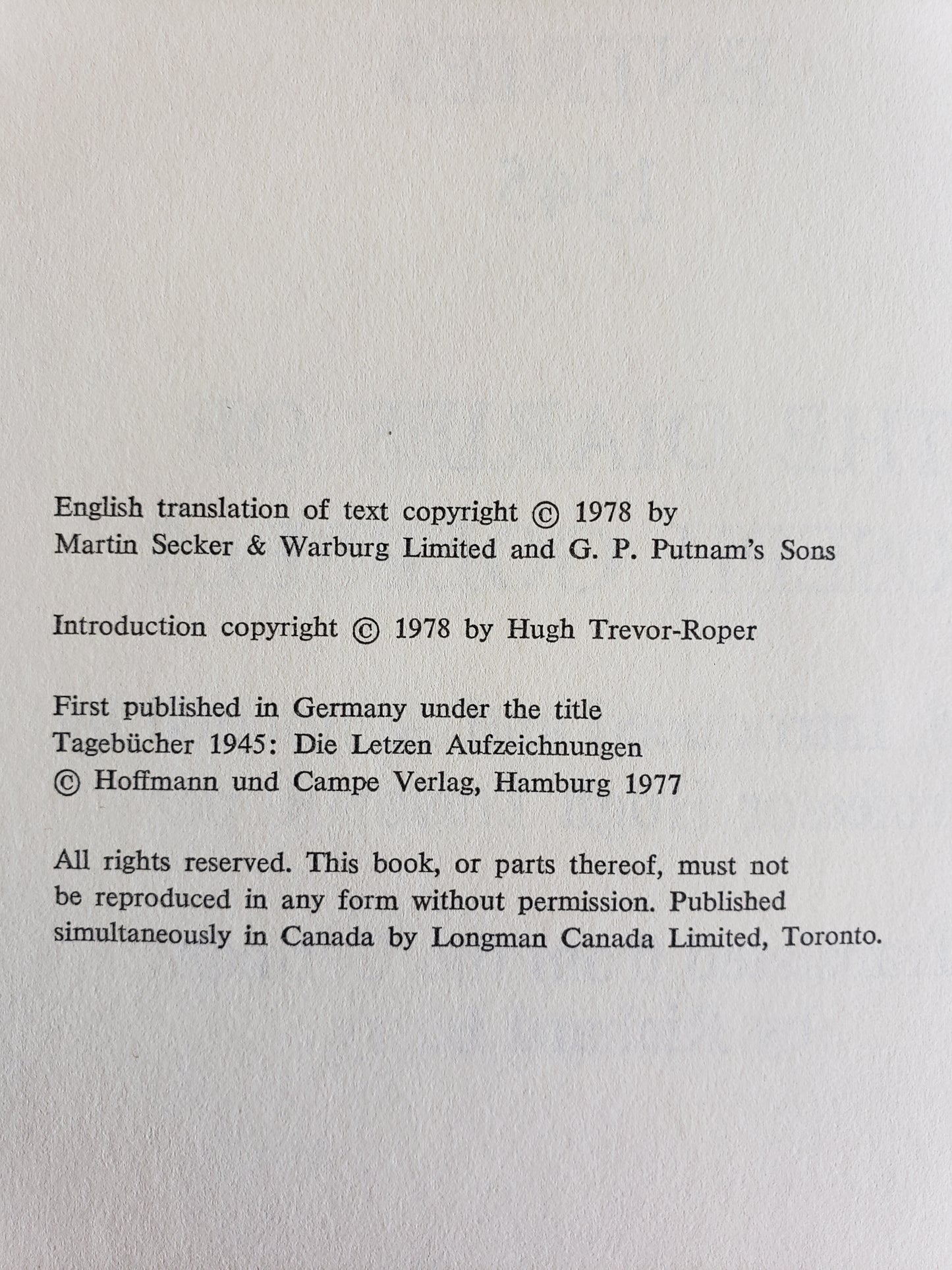 Final Entries 1945 by Joseph Goebbels (1978)