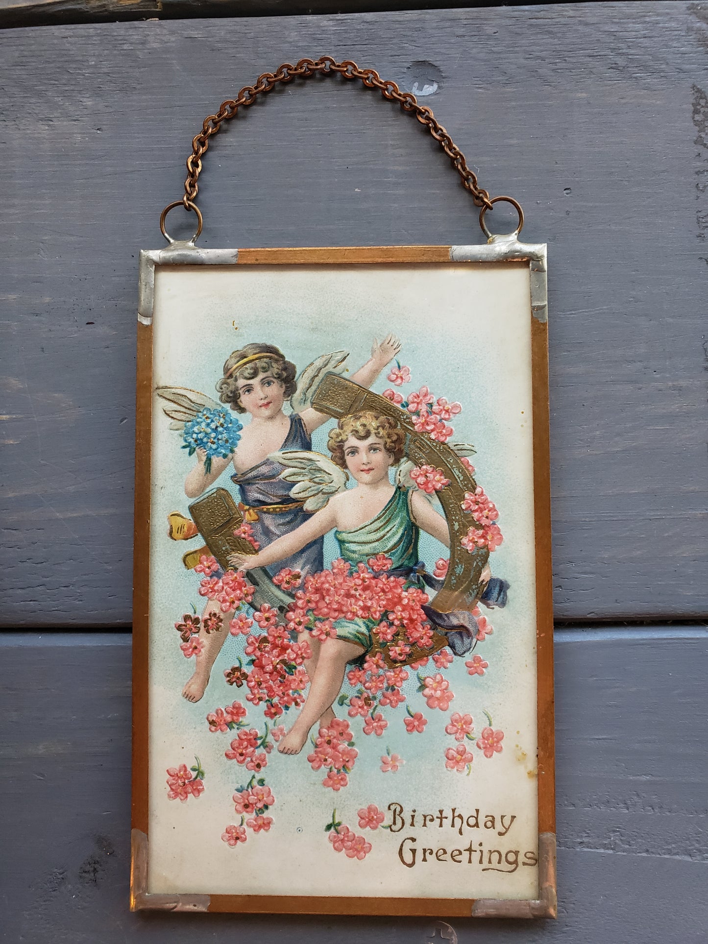 1908 Birthday Greetings Postcard Copper Framed